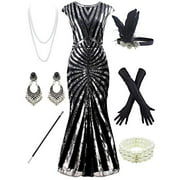 Women 1920S Gatsby Sequin Mermaid Formal Evening Dress with 20s Accessories Costume (S, Black Silver)