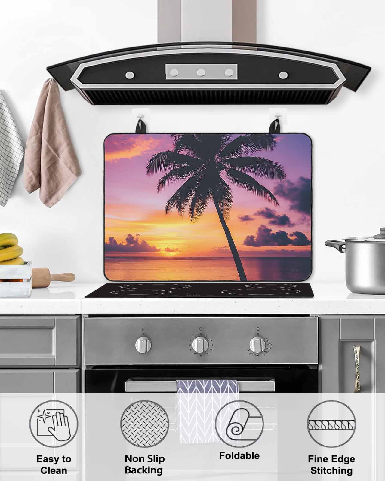 nqOlkjepod Large Induction Cooktop Protector Mat 24"x21", Summer Sunset Stove Top Covers for Electric Stove, Ocean Seaside Sky Cloud Scenery Palm Tree Stove Burner Cover Mats, Glass Top Stove Cover
