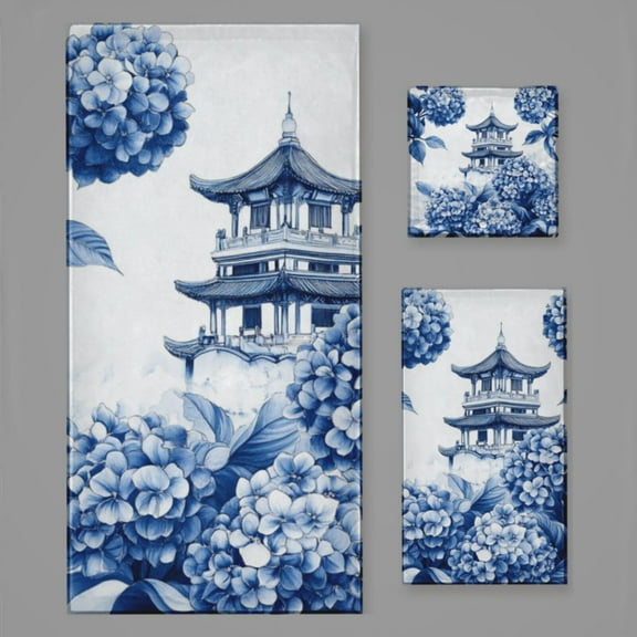 Blue Chinoiserie Toile Hydrangea Bath Towel Sets For Bathroom Hand Towels Fingertip Towels 3 Piece Soft Absorbent For Bathroom Kitchen Hotel Beach