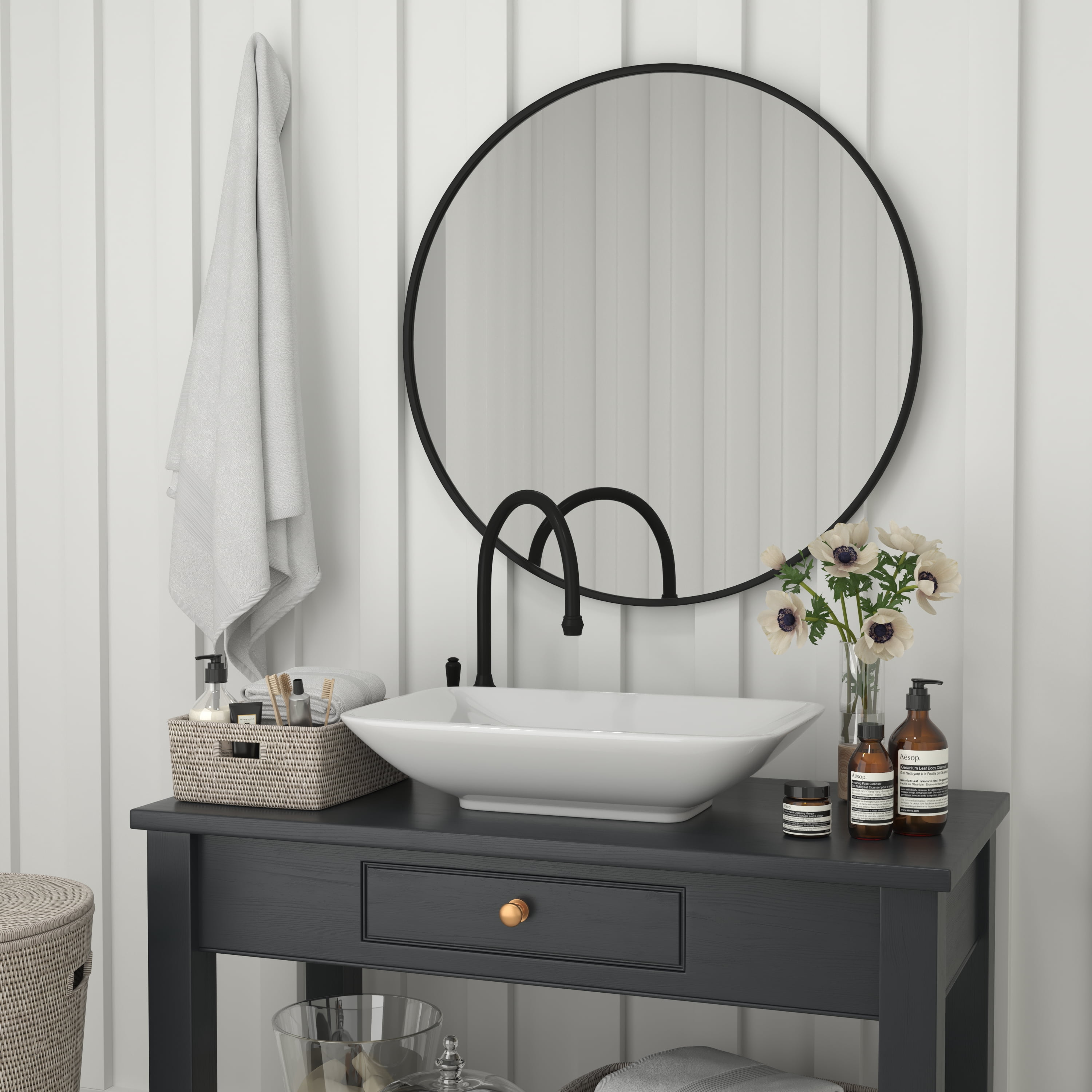 Flash Furniture Julianne 36" Round Black Metal Framed Wall Mirror - Large Accent Mirror for Bathroom, Vanity, Entryway, Dining Room, & Living Room