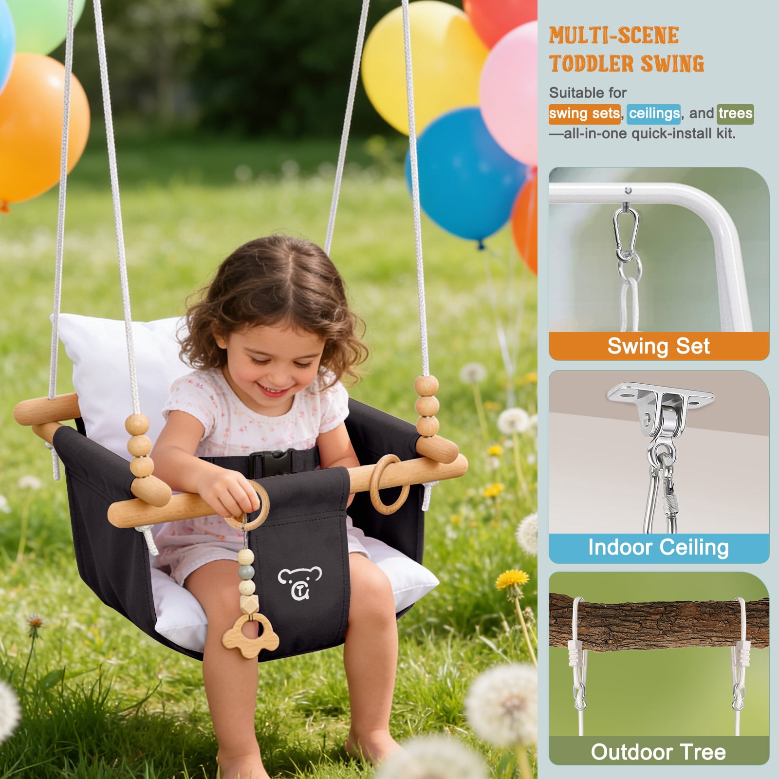 G TALECO GEAR Canvas Toddler Swing, Wooden Baby Swing Seat Chair with Safety Belt, Durable Hanging Swing Chair, Outdoor and Indoor Swing for Kids, Mounting Hardware Included, Gray