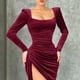 thumbnail image 3 of Gibobby Vestidos para mujer casuales Vestido de terciopelo de manga larga con cuello cuadrado para mujer Vestido dividido plisado delgado sexy(Rojo,CH), 3 of 4