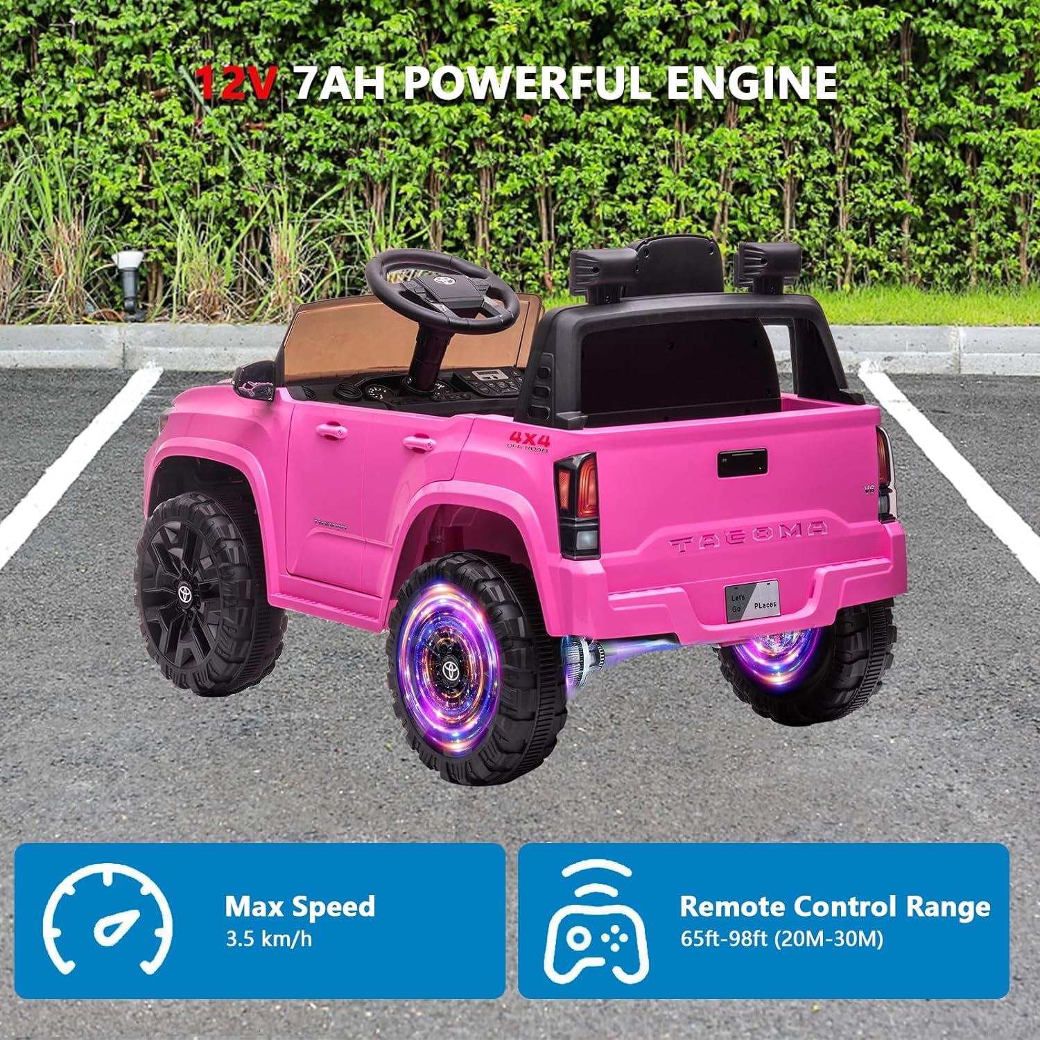 12V Licensed Toyota Tacoma Electric Car with Remote Control, Spring Suspension, Safety Belt, 2-Speed Ride-On Vehicle with Headlights, Pink