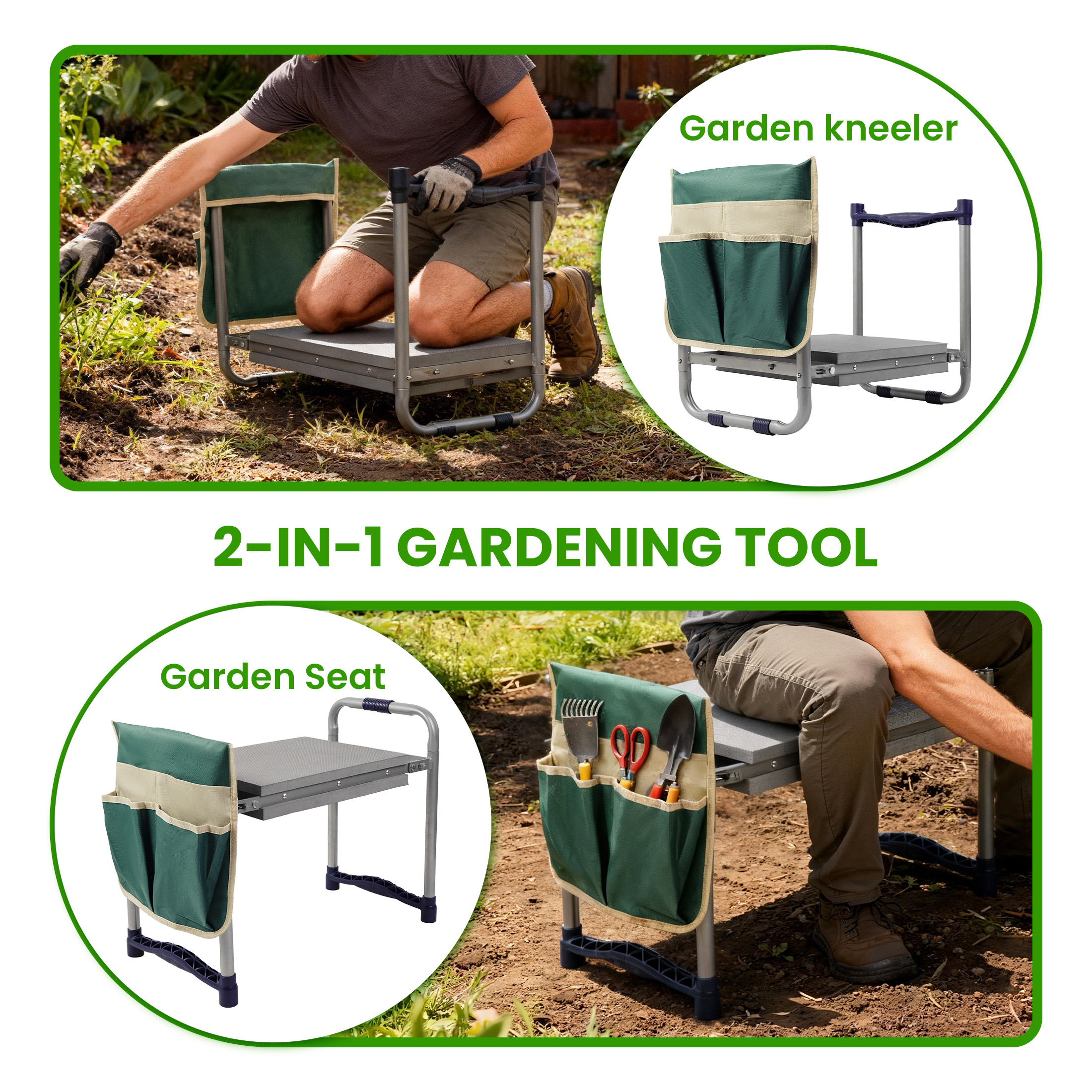 ORFELD 2-in-1 Garden Kneeler and Seat, Equipped with a Large Garden Tool Bag and a Pair of Claw Gloves,Portable Lightweight Bench Thicken Eva Foam Pad Sturdy Steel Pipe Practical Garden Tools(Green)