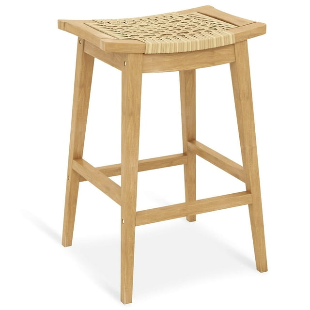 Costway 1 PCS 29" Teak Wood Bar Stool with Footrest & Saddle Seat Boho Bar Height Stool