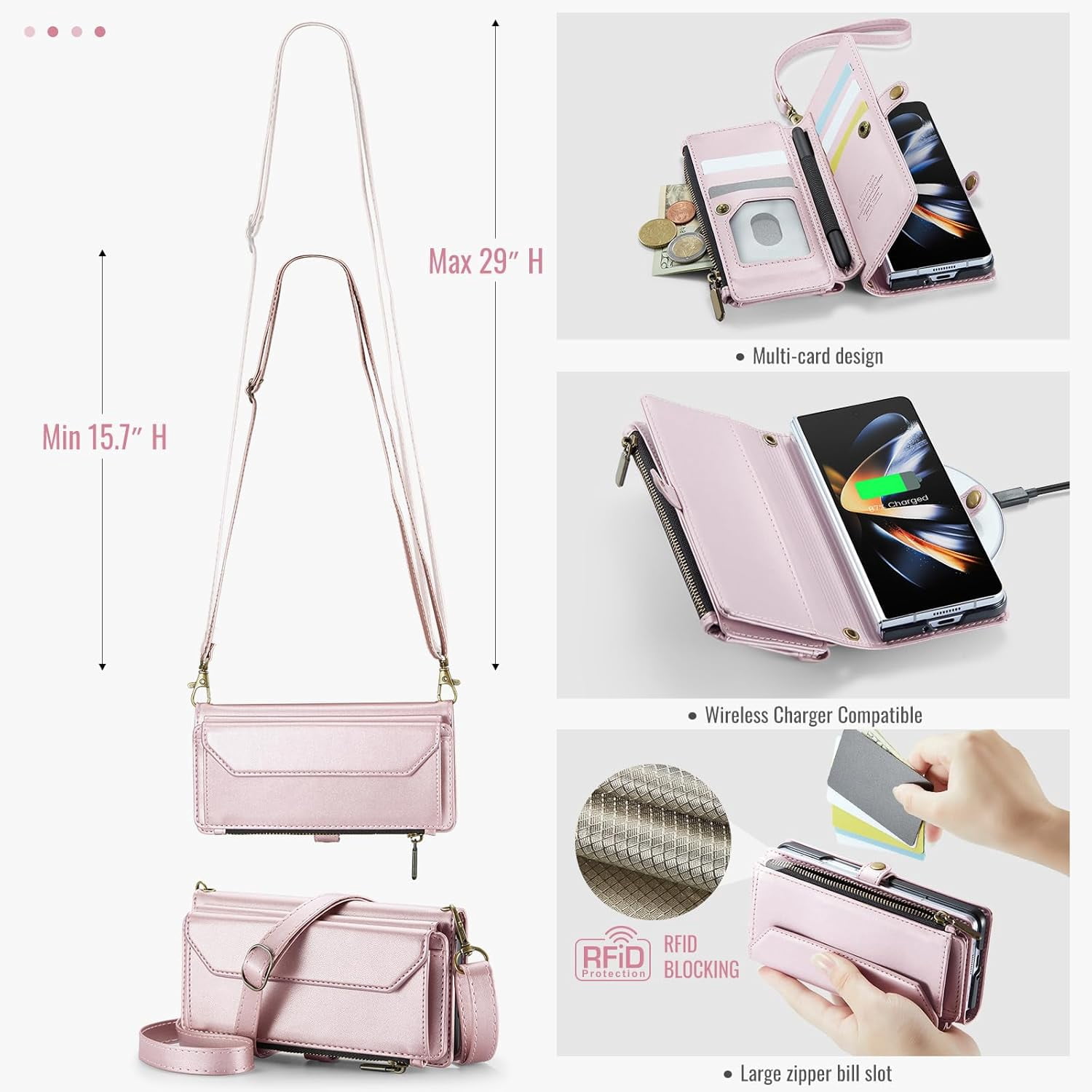 Phone Case for Samsung Galaxy Z Fold 4 5G 2022 Zipper Wallet Cover with S Pen and Flip RFID Blocking Credit Card Holder Stand Cell Accessories ZFold4 Z4 Fold4 4Z ZFold45G Women Girls Rose Gold