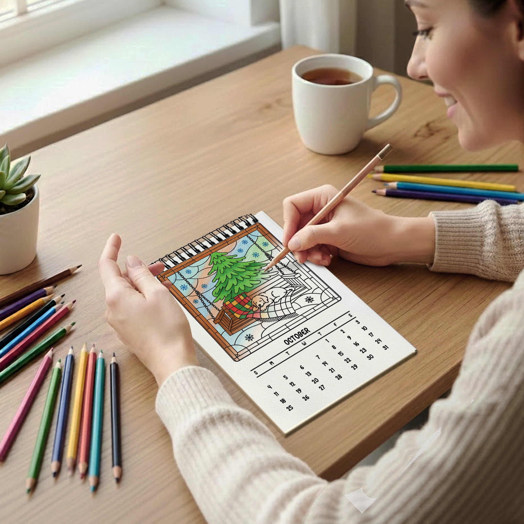 Stained Glass Christmas Coloring Desk Calendar 2026–2027, A5 Wooden Cover Planner with 26 Easy Coloring Pages for Adult Relaxation, 24 Month Desktop Calendar with Stand, Gift for Family & Friends