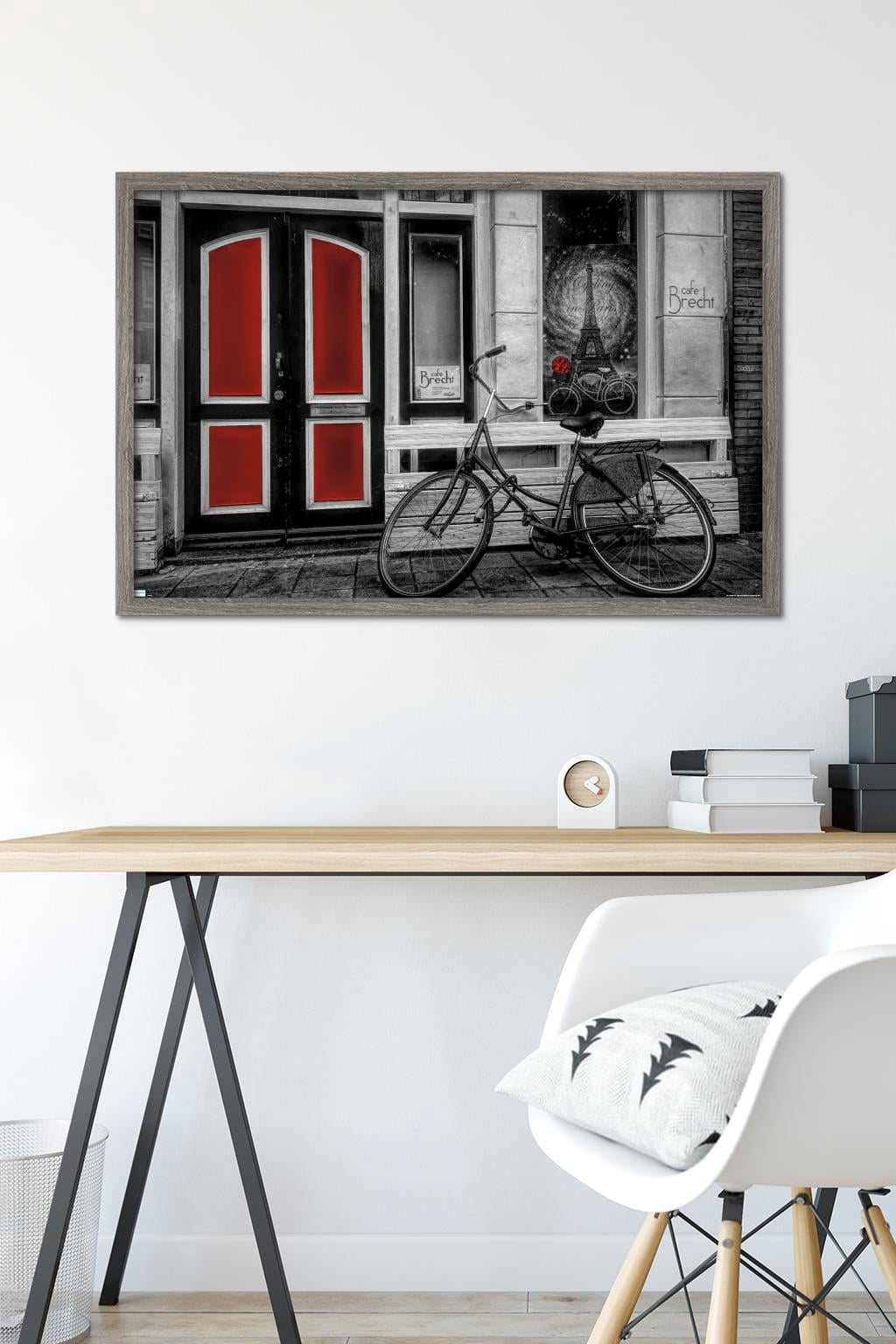 City Bike in Black and White Color Selected Red Wall Poster, 22.375" x 34" Framed