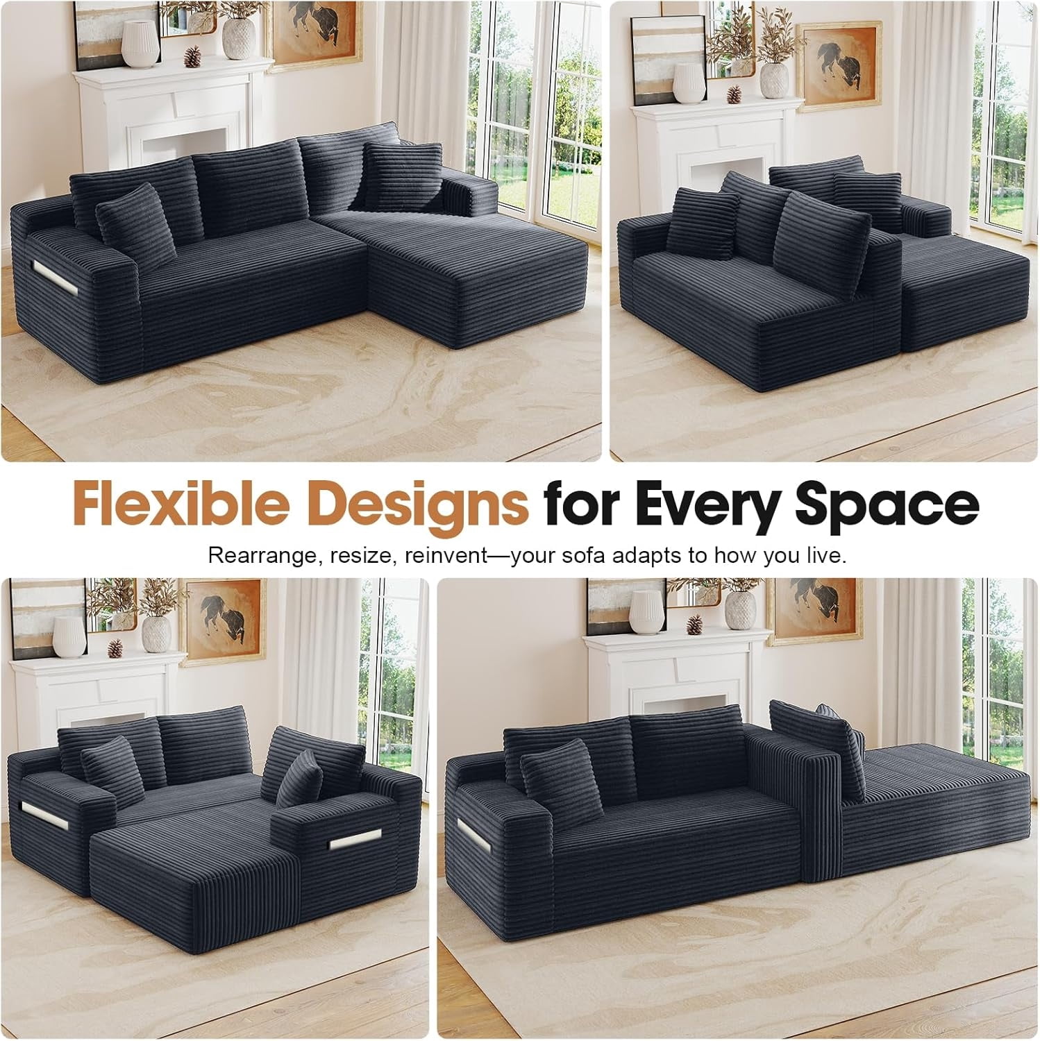 MOONMISS L-Shaped Cloud Sectional Couch with Chaise,Modern Corduroy Upholstered Modular Boneless Sofa,No Assembly for Living Room Apartment(Gray,Right)