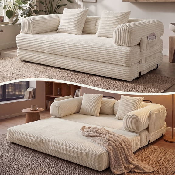 LazySunsets Sofa Bed Convertible Boneless Couch Corduroy Modular Couch Bed with Fixed-Shape Frame & Removable Armrests for Living Room, Bedroom White