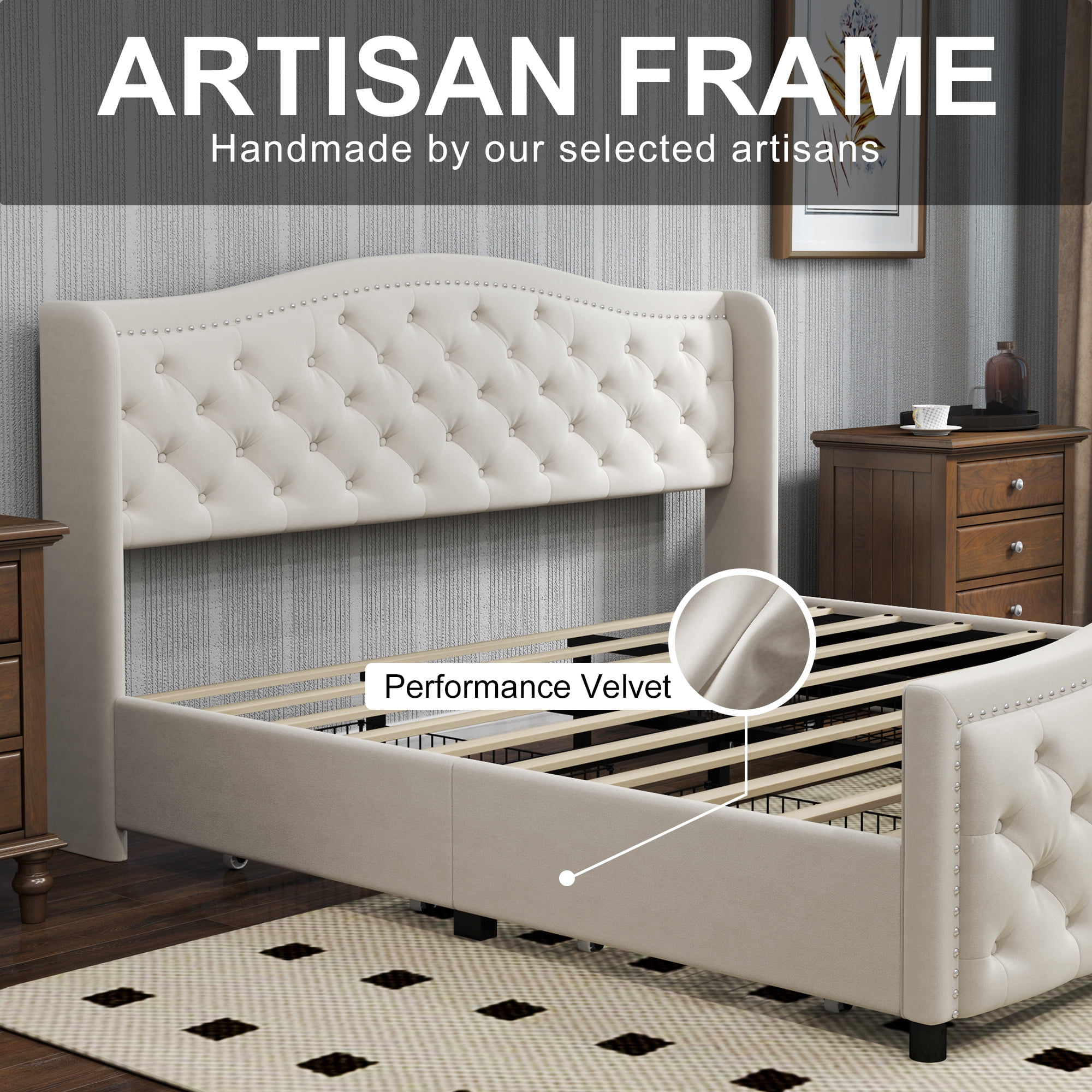 Bonzy Home King Size Bed Frame with Storage Velvet Upholstered Sleigh Bed with Headboard Button Tufted Easy Assembly Luxury