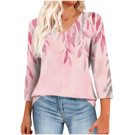 CYMMPU Women's Casual Floral Printed 3/4 Length Sleeve Trendy Tunic Tops Business Work Blouses Shirts V-Neck Summer Fall Basic Tees 2025 Clothes Pink S