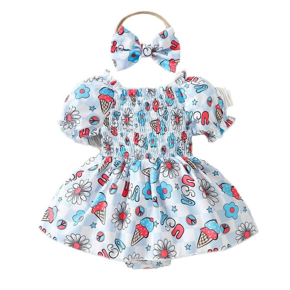 Onesies Flag Print Short Sleeve Smocked Bodysuit With Headband Infant Summer Clothes Girls Romper Blue 0 Months-3 Months