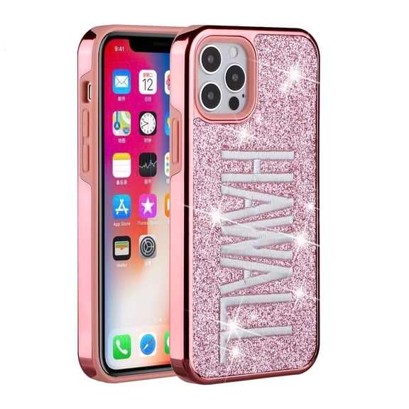 For iPhone 13 (6.1") Case Embroidered Text Bling Glitter Chrome Hybrid Cover