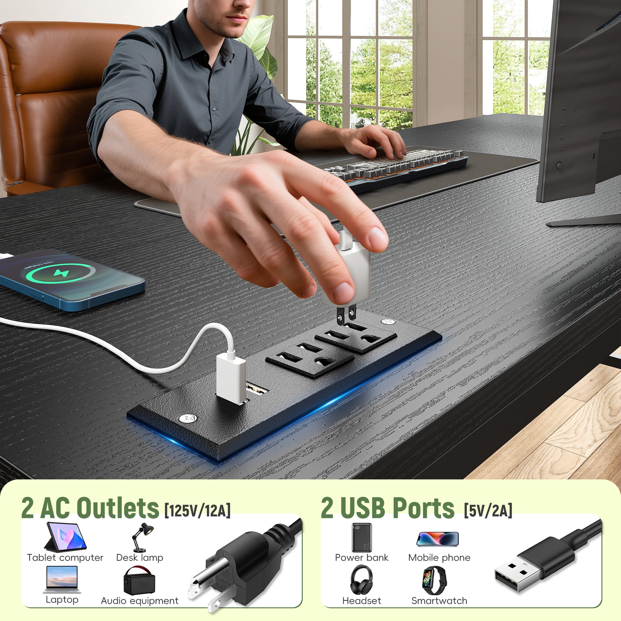 Romorgniz Gaming Desk with Power Outlet, Fabric Drawer & RGB LED Lights, Black Computer Desk with Adjustable Monitor Stand & CPU Holder for Home Office