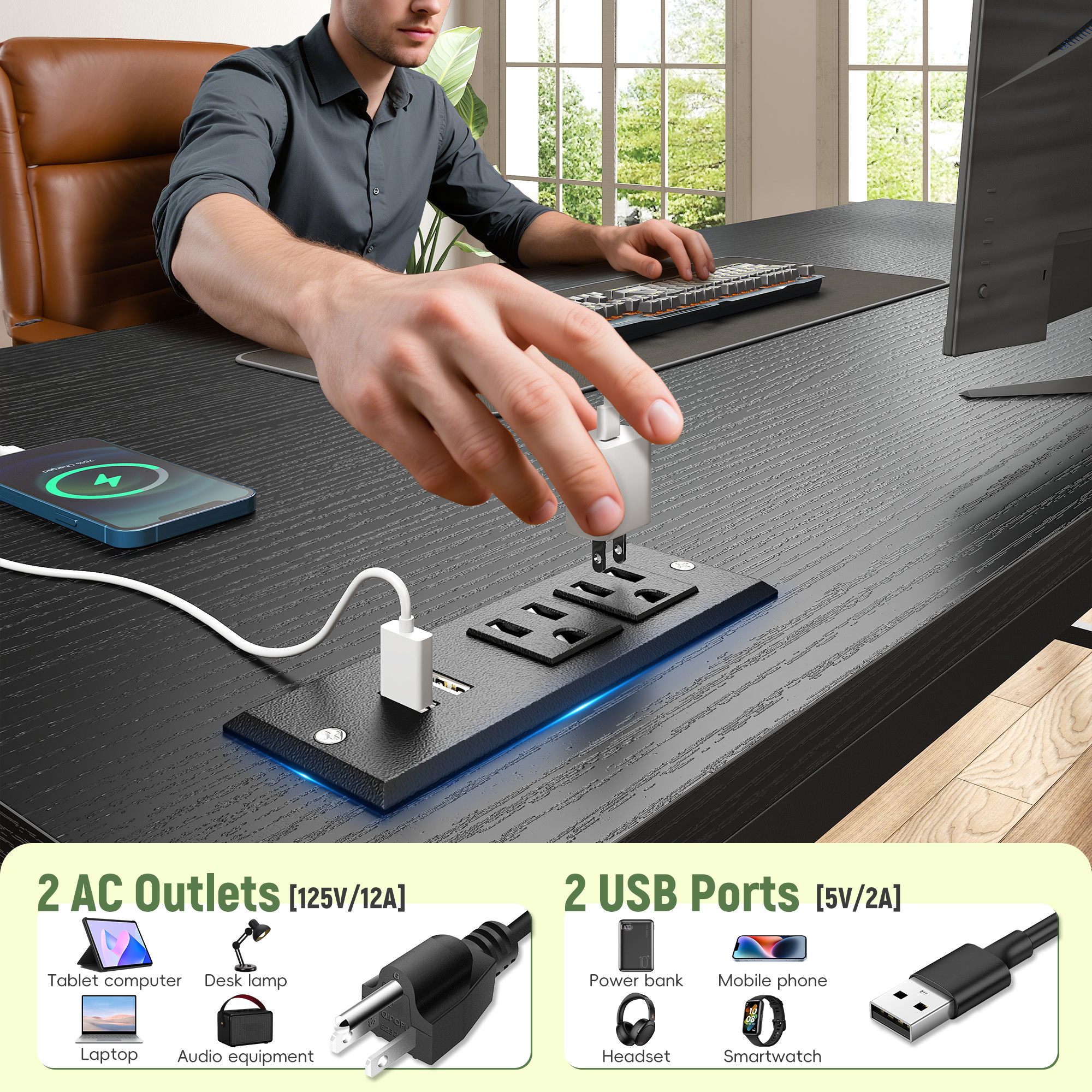 Romorgniz Gaming Desk with Power Outlet, LED Lights and CPU Holder photo 3