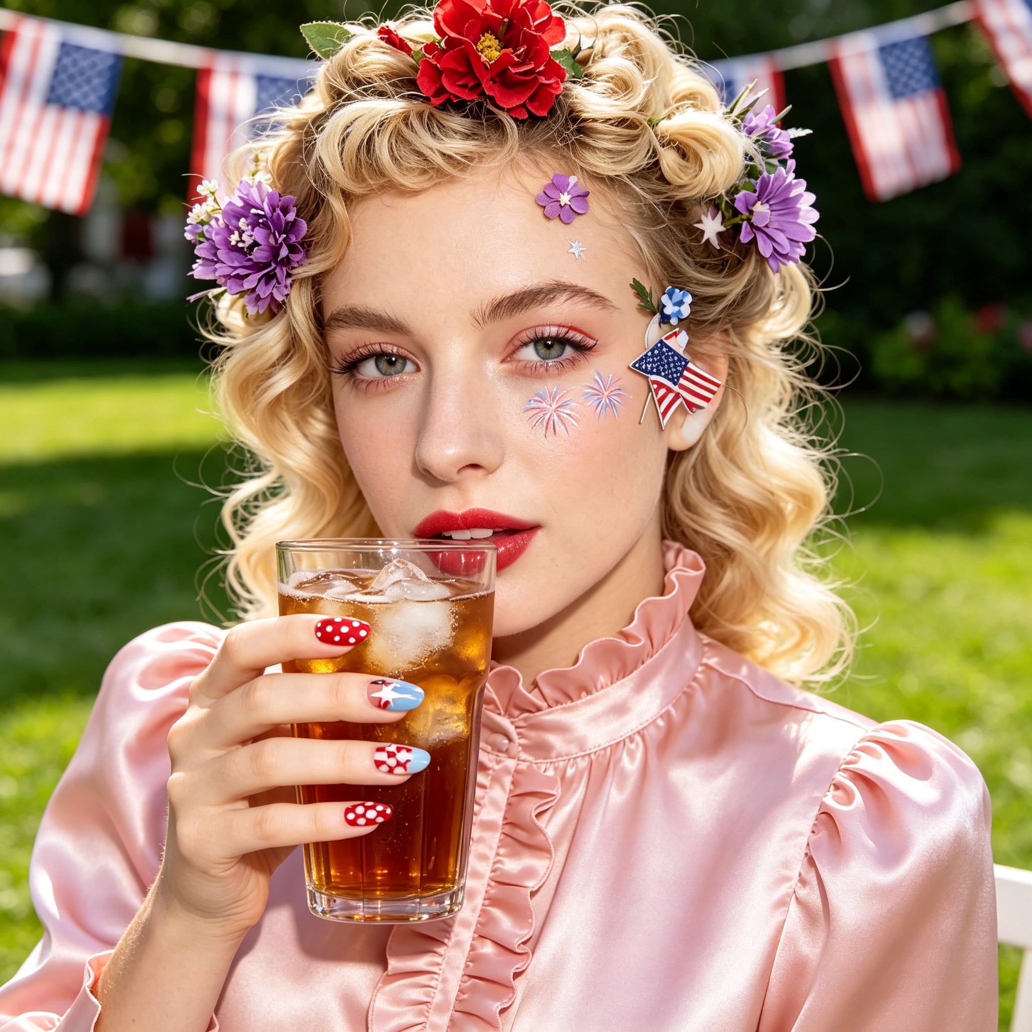RAGUPEL 4Th of July Press on Nails Medium Almond Fake Nails Red White and Blue French Tip False Nails with Polka Dots Bow Designs American Flag Glue on Nails Independence Day Stick on Nail