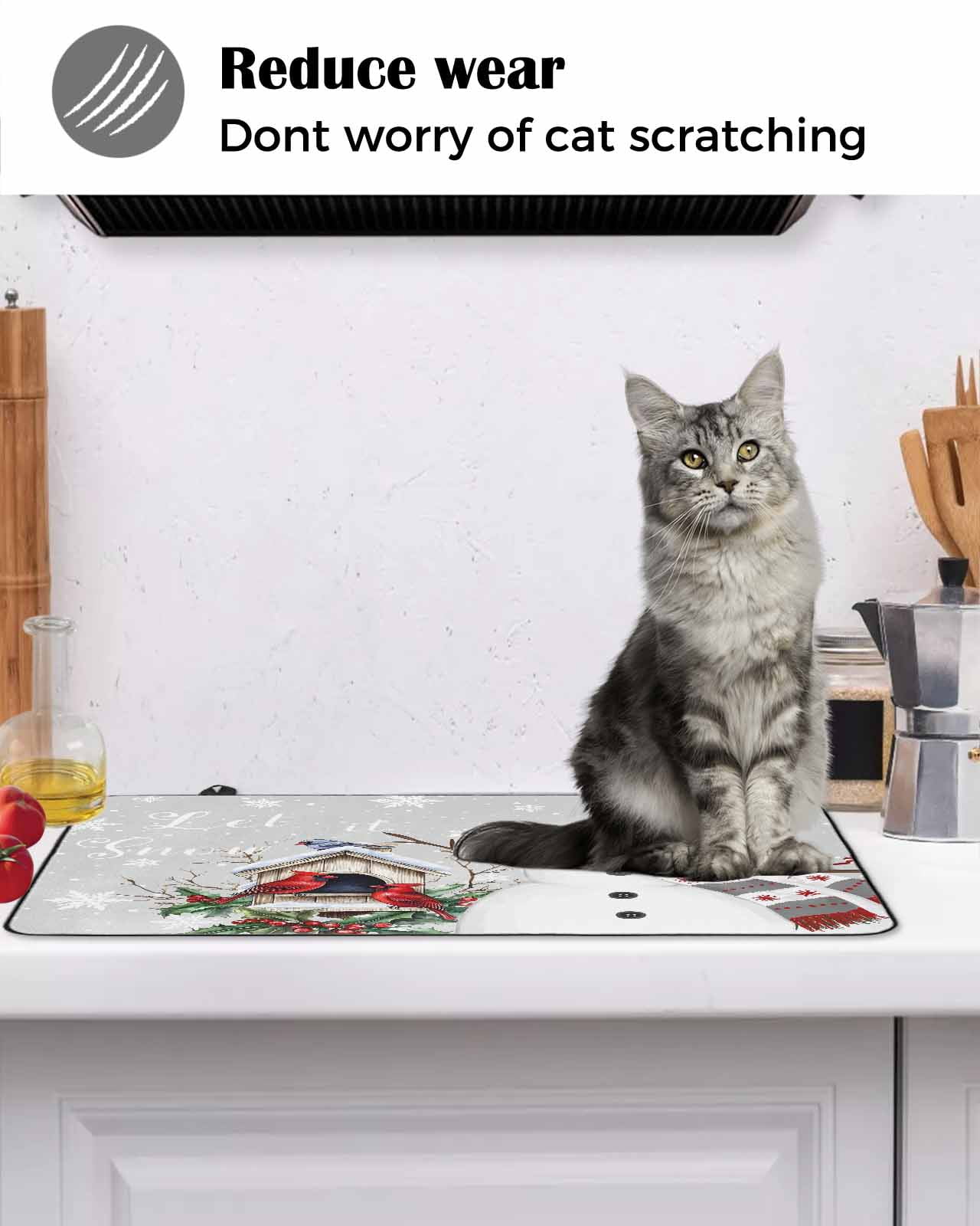 Large Induction Cooktop Protector Mat Grey Snowman Christmas Stove Top Covers for Electric Stove, Xmas Snowflake Birds Berry Winter Decorative Stove Burner Cover Mats, Glass Top Stove Cover