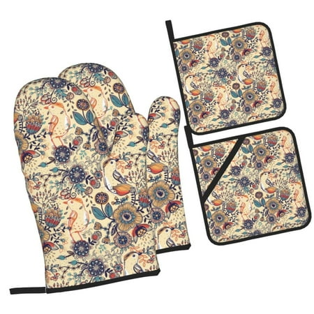 

Haiem Floral With Birds Print Extra Long Oven Mitts and Pot Holders 4pc Sets: Heat Resistant Silicone Oven Mittens with Mini Oven Gloves and Hot Pads Potholders