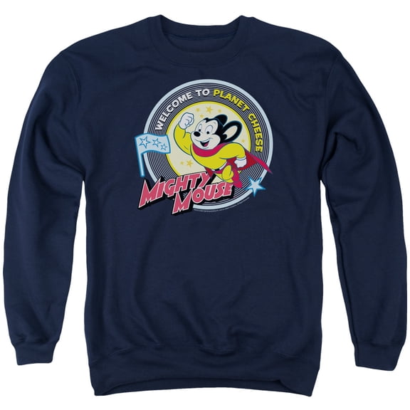 Mighty Mouse Planet Cheese Adult Crewneck Sweatshirt Navy