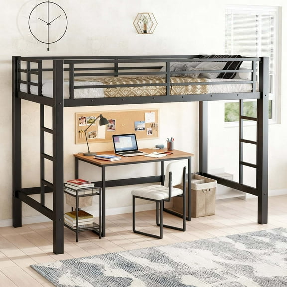 Miniyam Twin XL Metal Loft Bed Frame with Two Ladders and 50" Open Space, Black