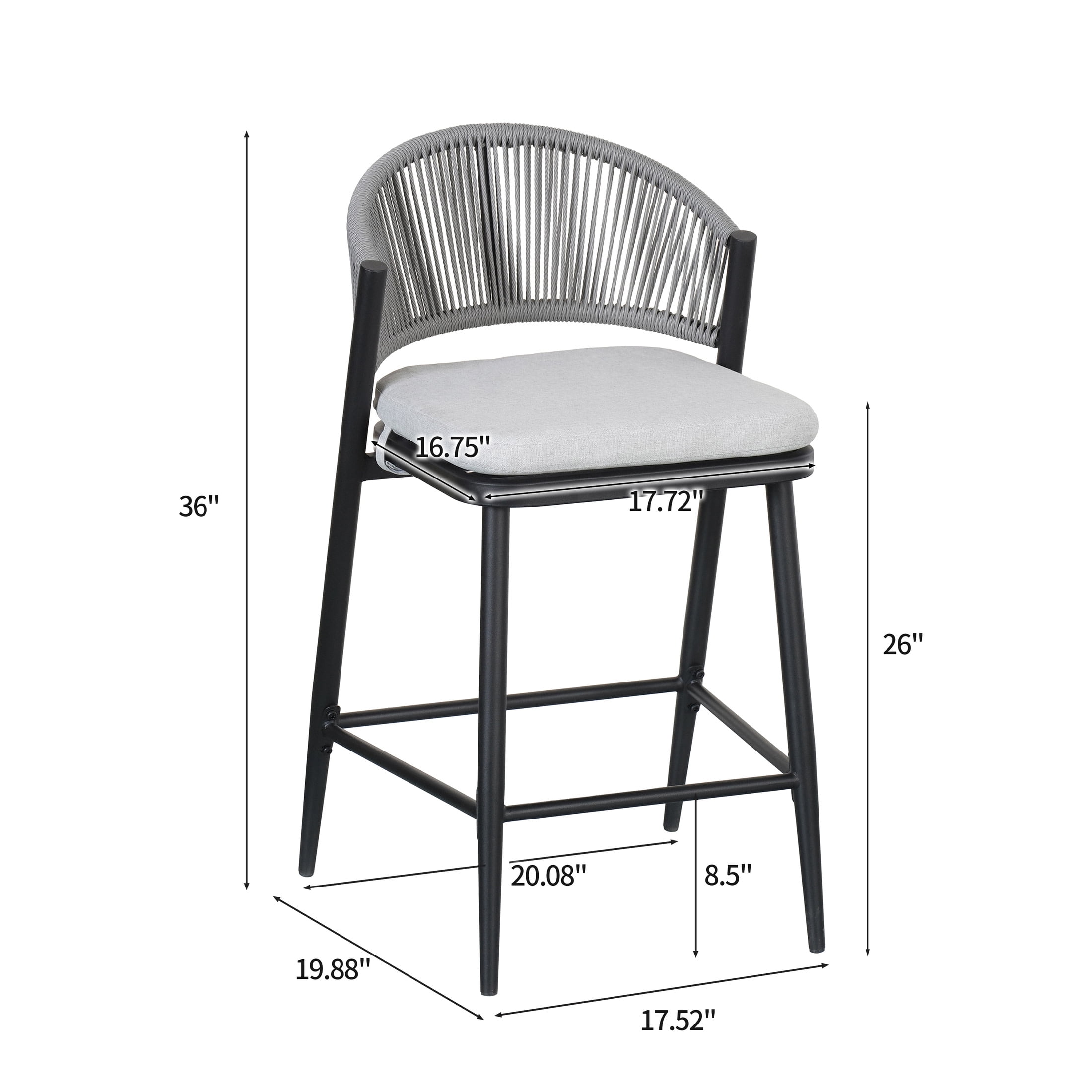 Amara Modern Outdoor Patio 26"H Counter Stools with Wicker Backrest, Iron Frame, Water-Resistant Cushion, Matte Black, Set of 2