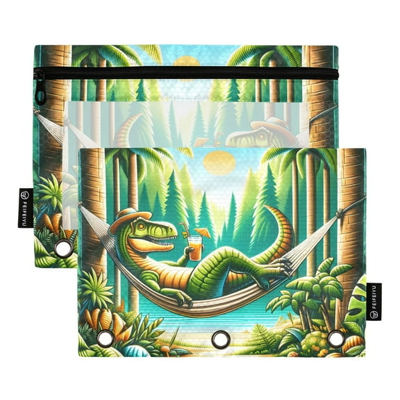 Dinosaur on Hammock 2 Pack Pencil Pouch for 3 Ring Binder Smooth Zipper Folders with Pockets Clear Window Pencil Case