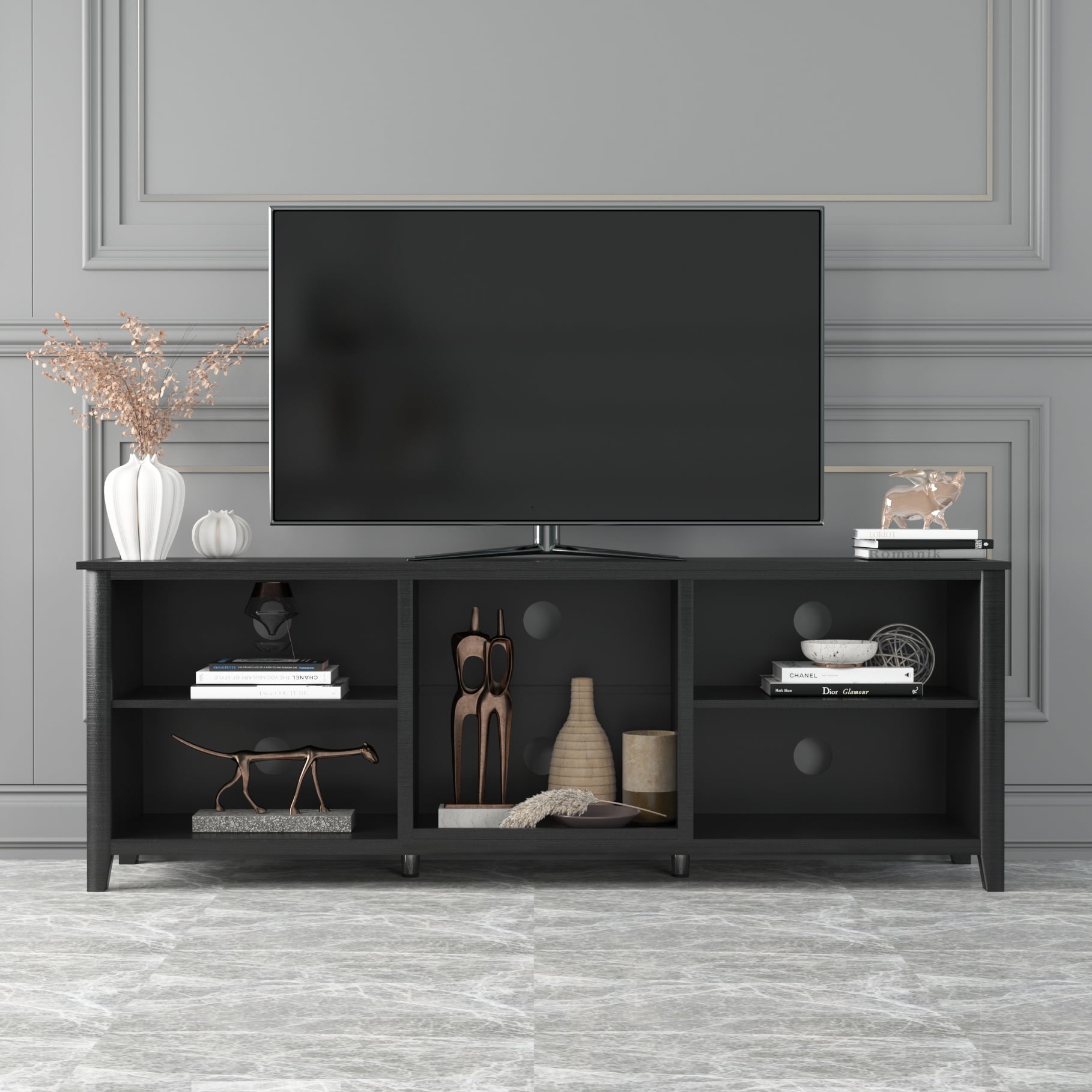 Resenkos 70" Black TV Stand Entertainment Center for TVs Up to 80" with Open Storage