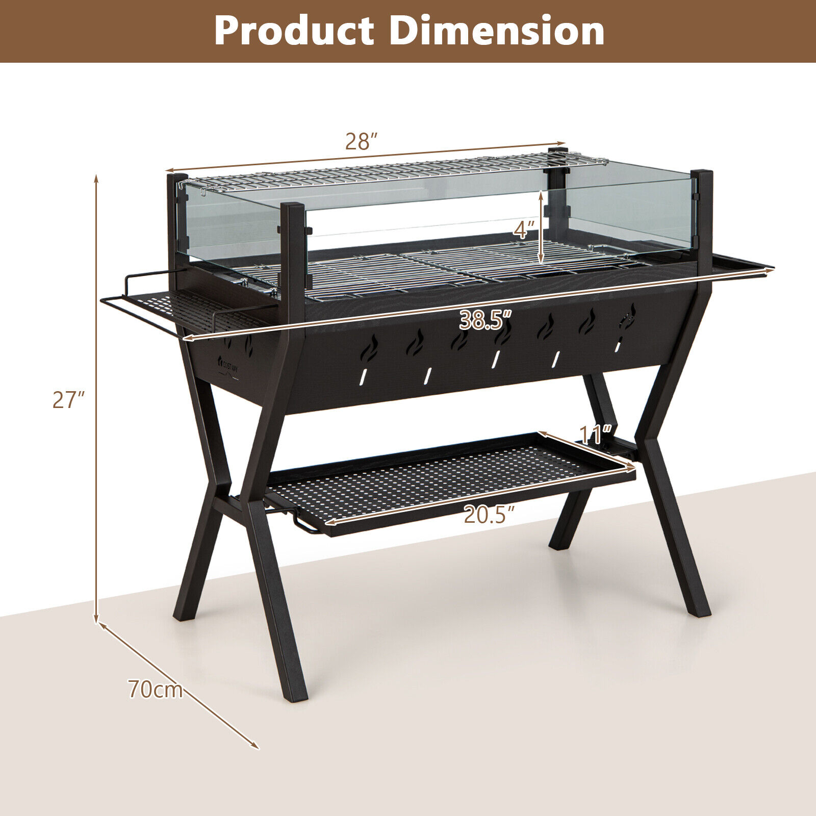 Amijoy Stainless Steel Barbecue Charcoal Grill With Unique Glass Windshield, Seasoning And Storage Rack, Heating And Cooking Grill, Outdoor Barbecue Grill
