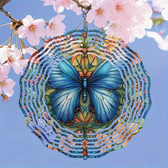 HELLOYOUNG Blue Butterfly Wind Chime, Metal Mandala Outdoor Garden Decor, Bird Deterrent Hanging Ornament for Patio