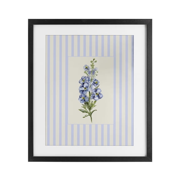 Blue Stripe Larkspur Black Framed Print Under Glass, design by Lisa Wehmeyer