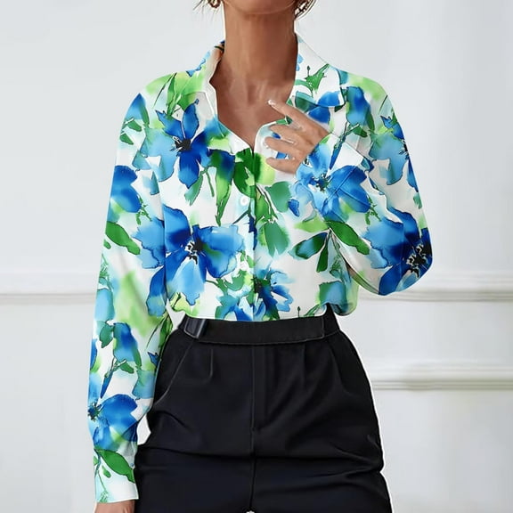 Babysbule Women's Printed Long Sleeve Blouse Casual Turn Down Collar Shirt Soft Polyester Comfy Stylish Tops for Daily Wear