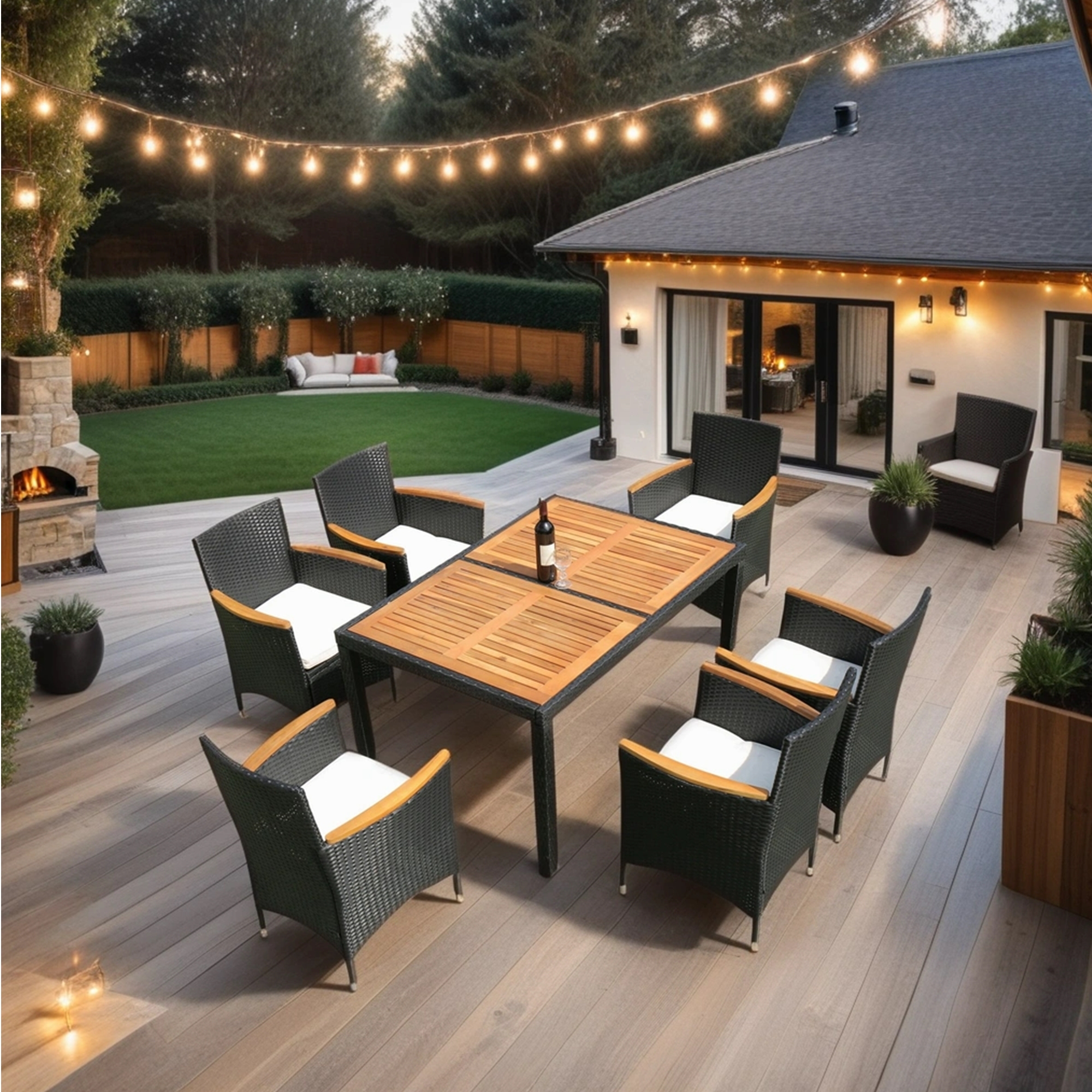 7 Piece Outdoor Patio Dining Set,Outdoor Wicker Furniture Set with Brown Rattan Dining Table and Chairs with Cushions,Black Wicker + Creme Cushion