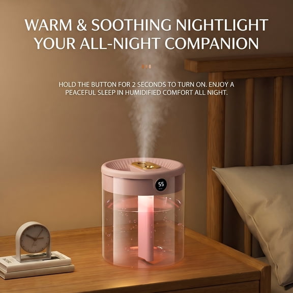 Cool Mist Desktop Humidifier, Pink Top Fill Humidifier with Digital Display, Dual Nozzles & Night Light