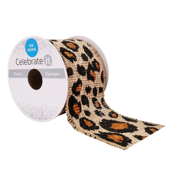 2.5" x 3yd. Faux Burlap Wired Cheetah Ribbon by Celebrate It – Polyester with Sewn Selvage - Wired Edge for Shaping – Ideal for Wreaths - Gift Wrapping & Decor - 12 Pack