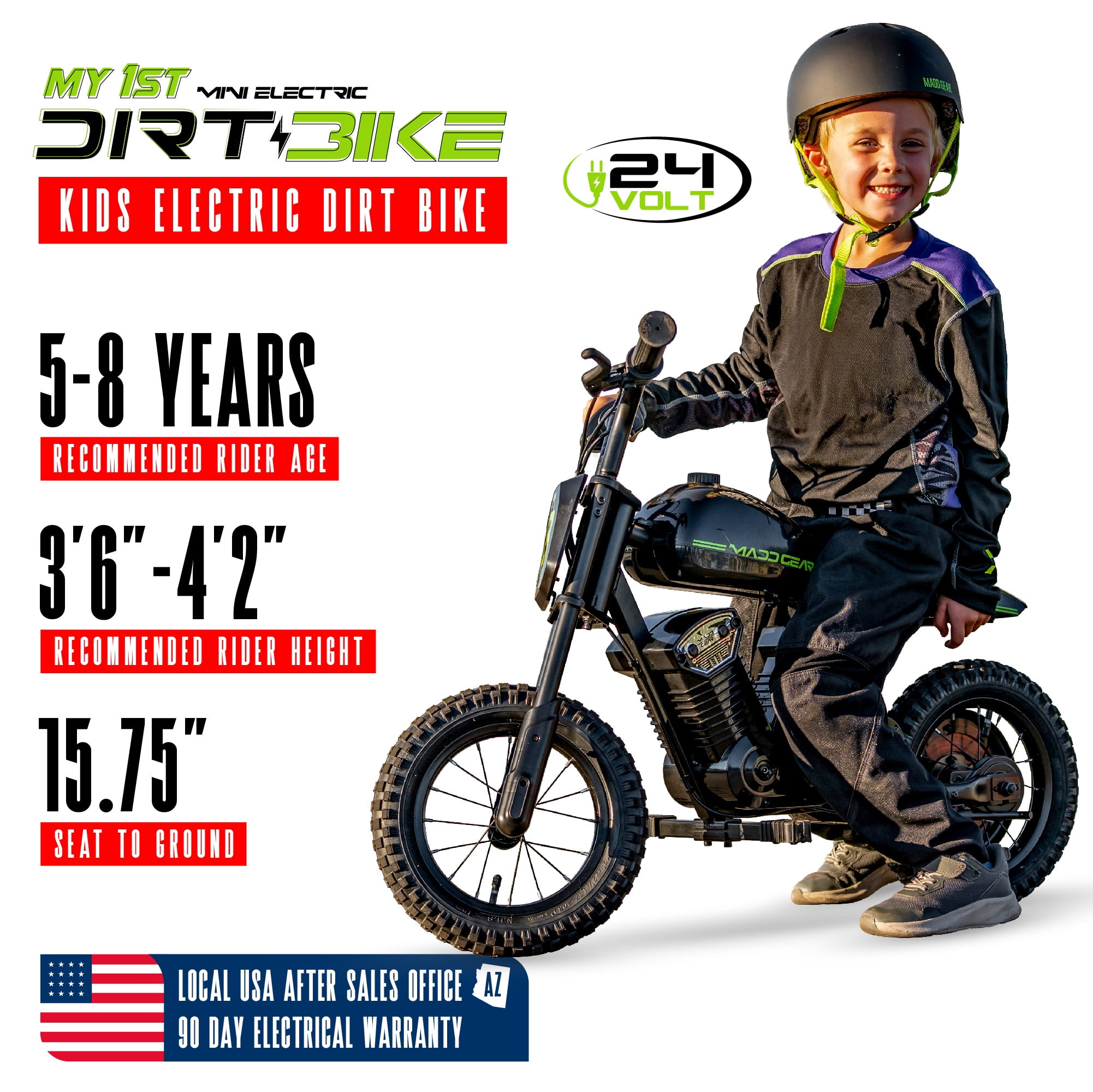 My 1st Mini Electric Dirt Bike by Madd Gear with 24-Volt Battery for Age 5-8 with a 10 mph Max Speed and 12" Wheels
