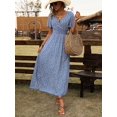 thumbnail image 5 of Womens Blue Floral Print V-Neck Short Sleeve Casual Maxi Dress With Slit, 5 of 8