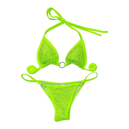 JIANJIA Swim Suits for Women Summer Rhinestone Solid Color Lace Up Halter Sexy Brassiere With Thongs Brazilian Two Piece Bikinis Swimwears Holiday Wear Green S