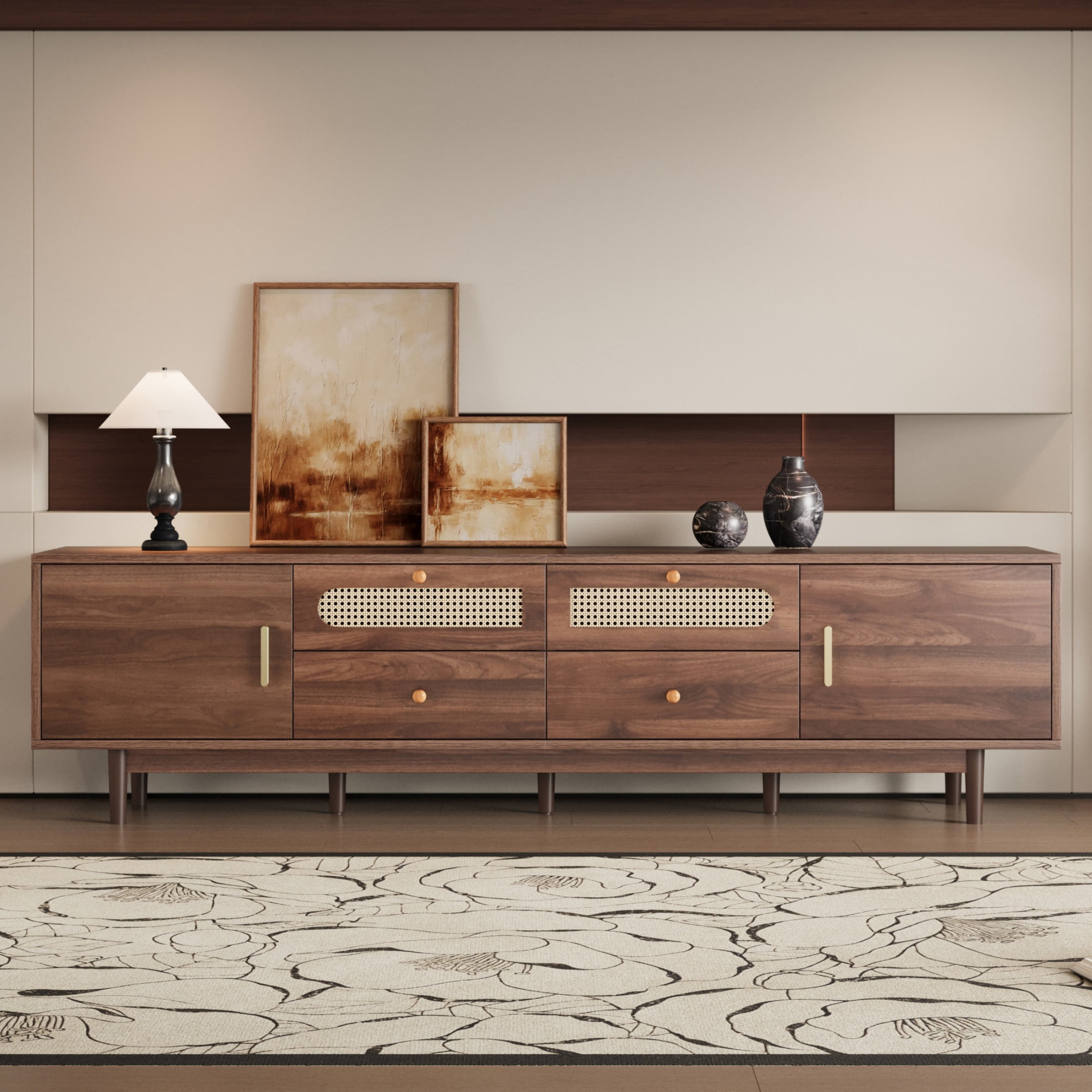 Atumcto 76" Modern Wood TV Stand for 85 Inch TVs, Mid-Century Entertainment Center with Rattan Accent Doors and Storage Cabinets for Living Room or Bedroom