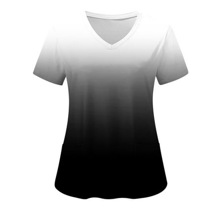 

Scrubs Tops for Women Casual Ombre Tie Dye V Neck Short Sleeve Working Uniforms with Pockets T Shirts Nurses Week Gifts Bulk