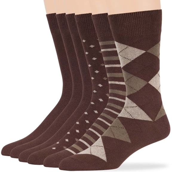 7BIGSTARS KINGDOM Men's Dress Socks Cotton -6 pack- Patterned Thin Business Casual Argyle, Dotted, Striped, Solid, Sock Size 10-13 Shoe Size 6-12 L Brown