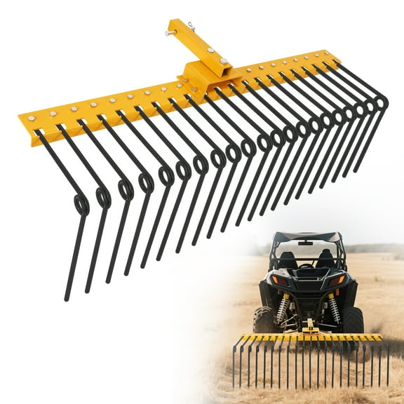 Mescukay Tow Behind Landscape Rake, 48" Tow Dethatcher with 17 Steel Coil Tines, Lawn Dethatcher Rake Attaches Toolbars and 3-Point Suspension Systems, for Leaves, Pine Needles, and Grass
