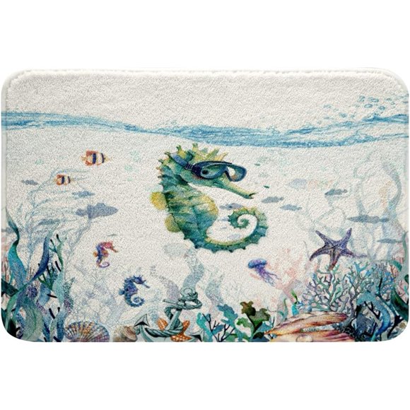 Feelyou Green Seahorse Bathroom Rugs for Girls Boys Kids 16"x24" Ocean Creature Themed Bath Rugs for Shower Tub Sea Underwater World Bath Mats for Bathroom Ocean Bathroom Accossories