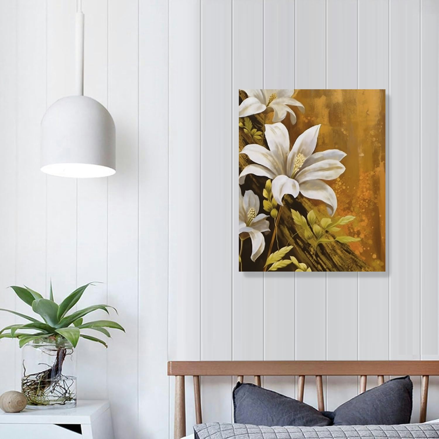 ONETECH Large White Lily Flower Canvas Wall Art Abstract Vintage Gold ...