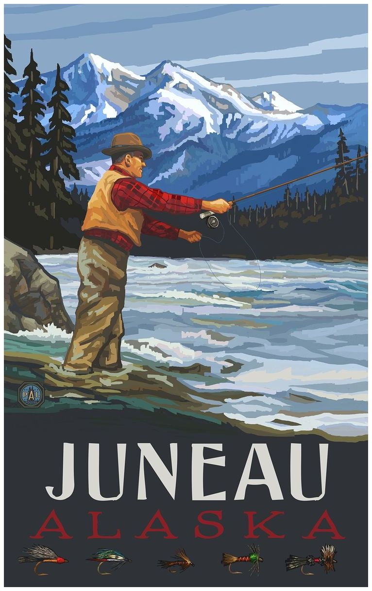 Juneau Alaska Fly Fisherman Stream Mountains Giclee Art Print Poster by