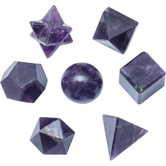 Crocon Amethyst 7 Pcs Platonic Sacred Stones Geometry Set for Chakra Stone Balancing Reiki Healing Spiritual Good Luck Home Office Decor Size: 15-20 mm
