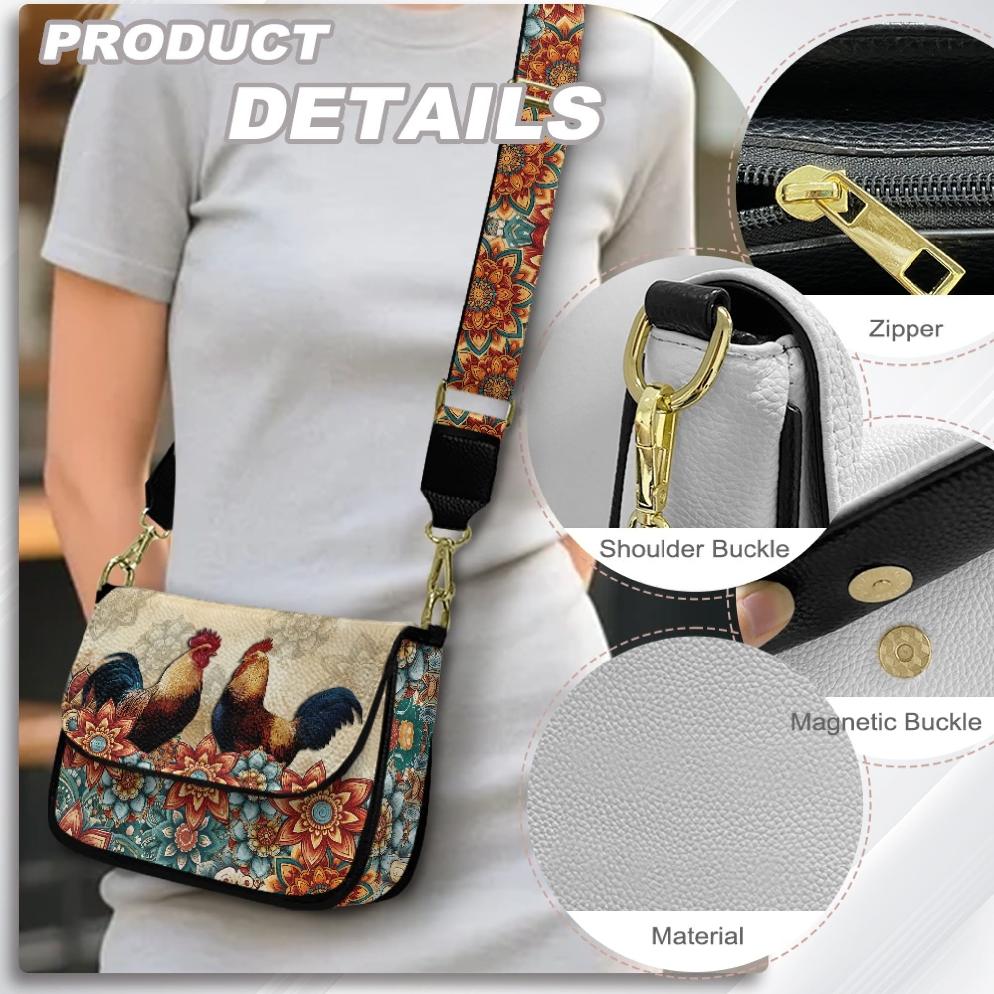 TSOVTHRID Rooster Boho Mandala Floral Print Crossbody Bags for Women, PU Leather Cell Phone Purse, Cross Body Handbags Shoulder Bag with Adjustable Strap