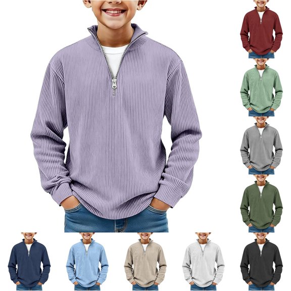 Shachafan Boys Long Sleeve Shirts Quarter Zip Pullover Sweater Casual Collared Tops Fall Ribbed Sweatshirts Fashion Clothing Youth T Shirt Boy