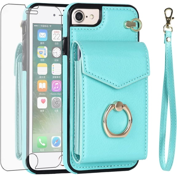 REQO Phone Case for iPhone 7/8/SE 2020/2022 Wallet Cover with Screen Protector and RFID Ring Card Holder Cell iPhone7 iPhone8 7s 8s i SE2020 SE2022 2/2nd/3/3rd Generation SE2 SE3 Women Men Teal