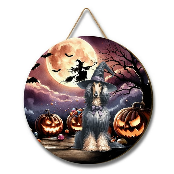 Spooky Halloween Night Witch Afghan Hound Glowing Pumpkins Round Wood Sign Dog Lover Hanging Wall Home Decor - 12015